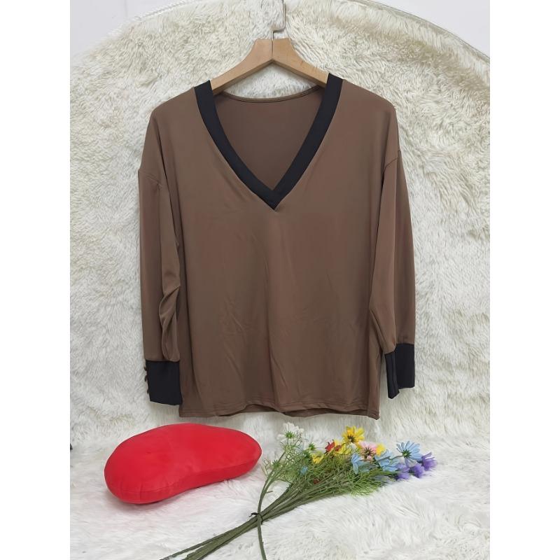 Elegant Plus Size Women S V Neck Long Sleeve Top With Button Decor
