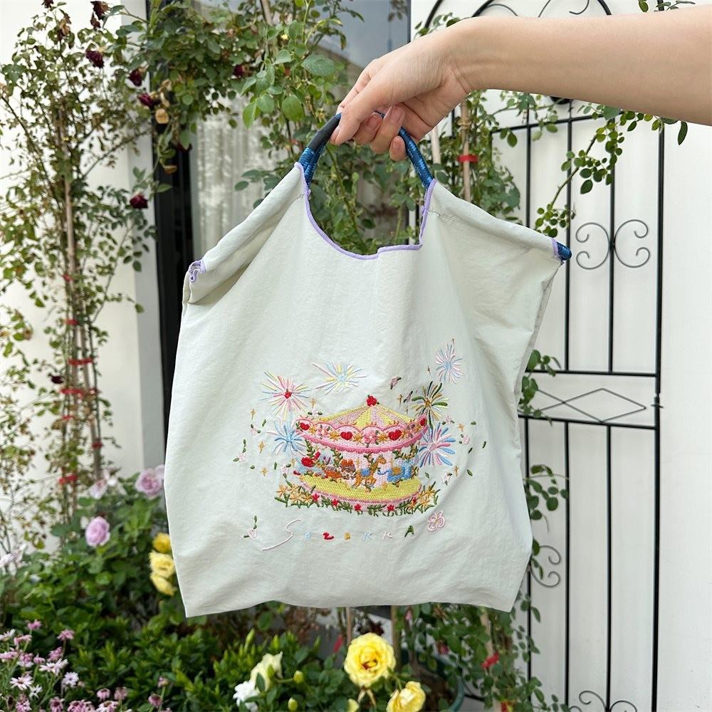 Exquisite Embroidered Oxford Tote Bag Stylish Cartoon Shopping Handbag For Daily Use