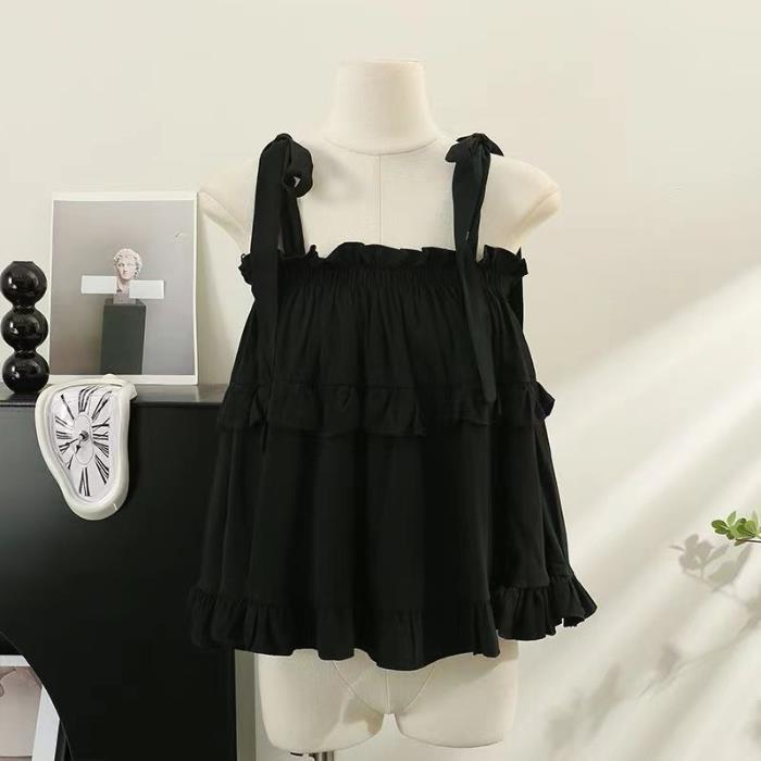 

Милая женская майка с открытыми плечами и бантом на шнуровке и деревянными ушками - новый летний дизайн Extra Large чёрный