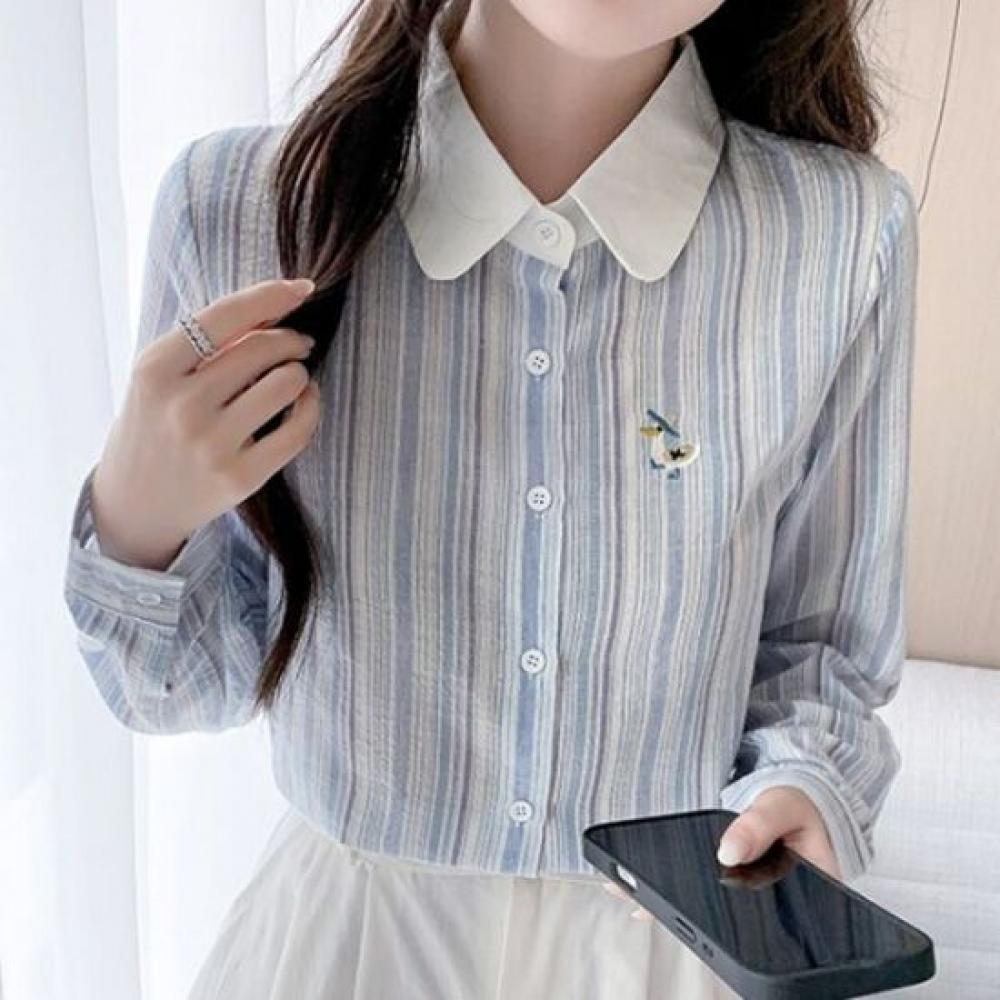 Navava Casual Stripe Embroidery Point Long Sleeve Shirt Nb3043