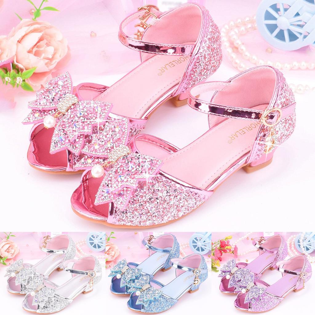 Children Princess Sandals Kids Girls Wedding Shoes High Heels Dress Shoes Bowknot Purple Pink Blue Silver Shoes For Girls