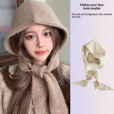 Balaclava Bonnet Women Skullies Beanies Hat Scarf 2-In-1 Thickened Warm Neck Protection Autumn Winter Accessories Knitted Law