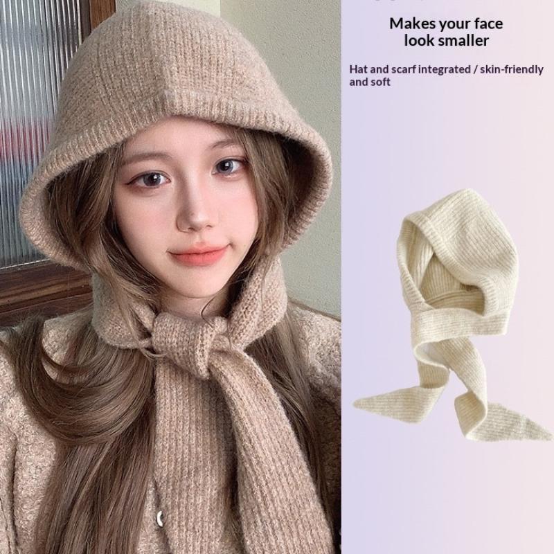 Balaclava Bonnet Women Skullies Beanies Hat Scarf 2-In-1 Thickened Warm Neck Protection Autumn Winter Accessories Knitted Law