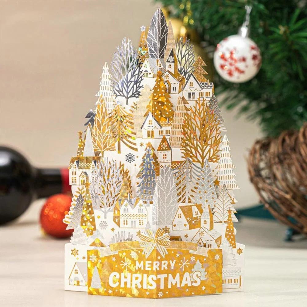 Paper Christmas 3D Greeting Card with Envelope Craft Merry Christmas Blessing Cards Gold Plated Pop Up Paper Carving Postcard