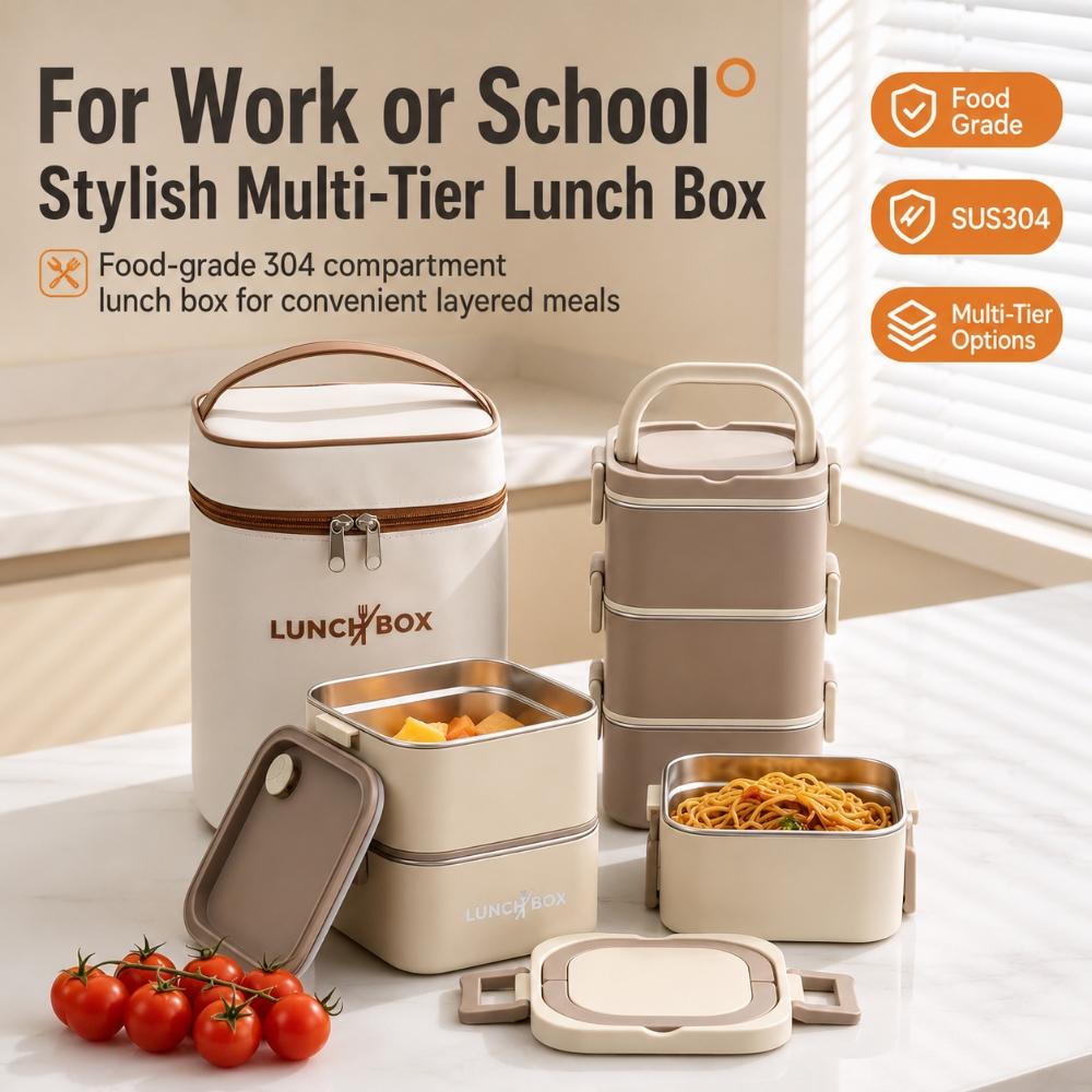 Portable Stackable Lunch Box With 304 Stainless Steel Inner Containers, Side Buckles And Carry Handle For School Office Travel Meals