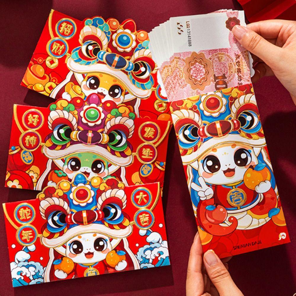 6pcs Cartoon 2025 New Year Red Envelopes Blessing Lucky Money Pockets Red Packet  Spring Festival