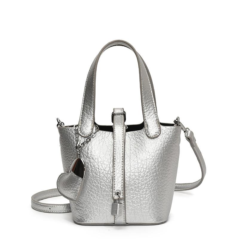 2025 Spring New Lychee Pattern Simple Commuter Handbag Women's High-end Fashion Versatile Messenger Bucket Bag