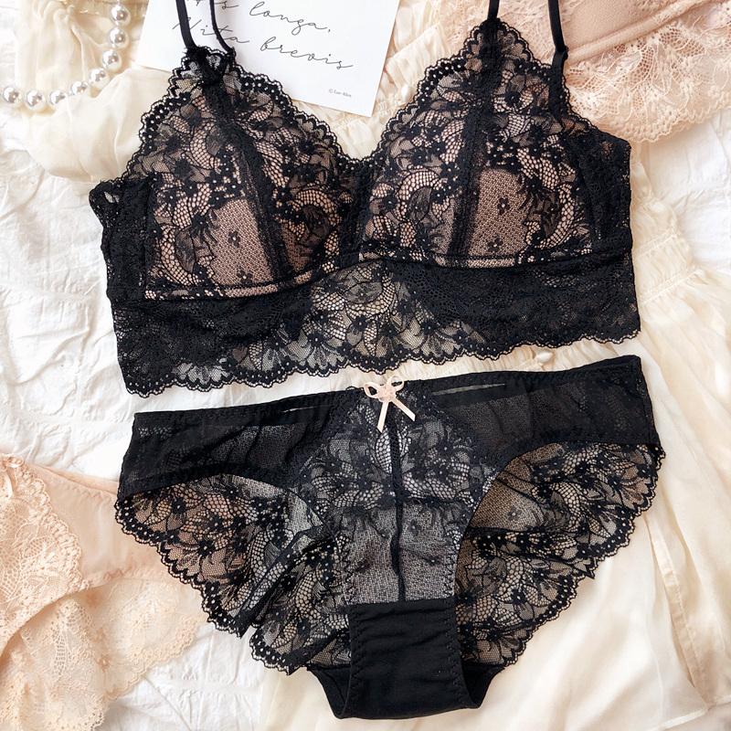 French Lace Triangular Cup Push Up Bra Set Women Sexy Lingerie Summer Comfort Fine Shoulder Strap Bras Backless Underwear Sets