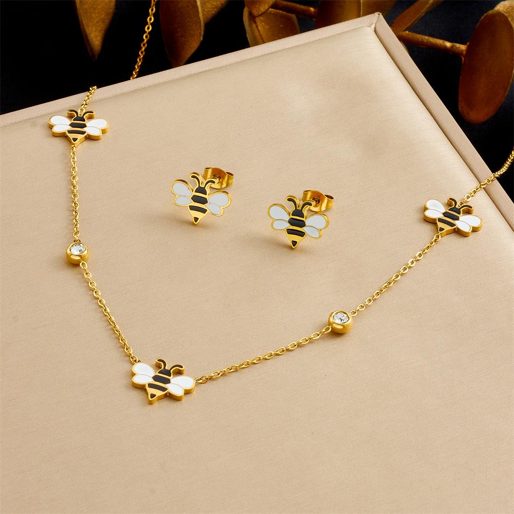 DIEYURO 316L Stainless Steel Cartoon Cute Bee Zircon Neck Earrings Set For Women New Fashion Trend Waterproof Jewelry Gift Set