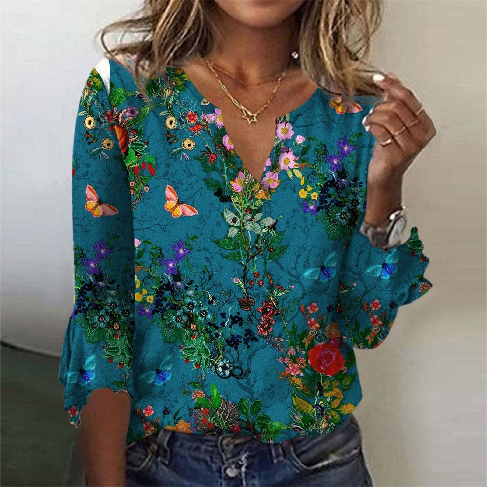 

Женский топ, свободные повседневные блузки с v-образным вырезом и принтом, футболка с рукавом 3/4 и колокольчиком XXL