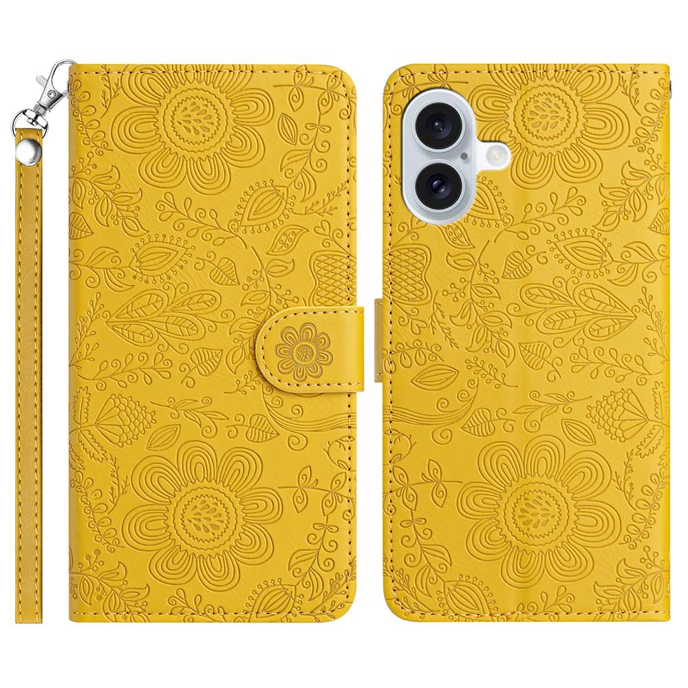 For iPhone 17 Case Flower Imprint Leather Flip Wallet Phone Cover with Wrist Strap