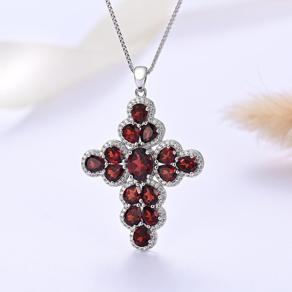 Women's Cross Pendant S925 Silver with 18inch Chain Necklace Natural Red Garnet Gemstone Fine Jewelry for Your Belief Gift