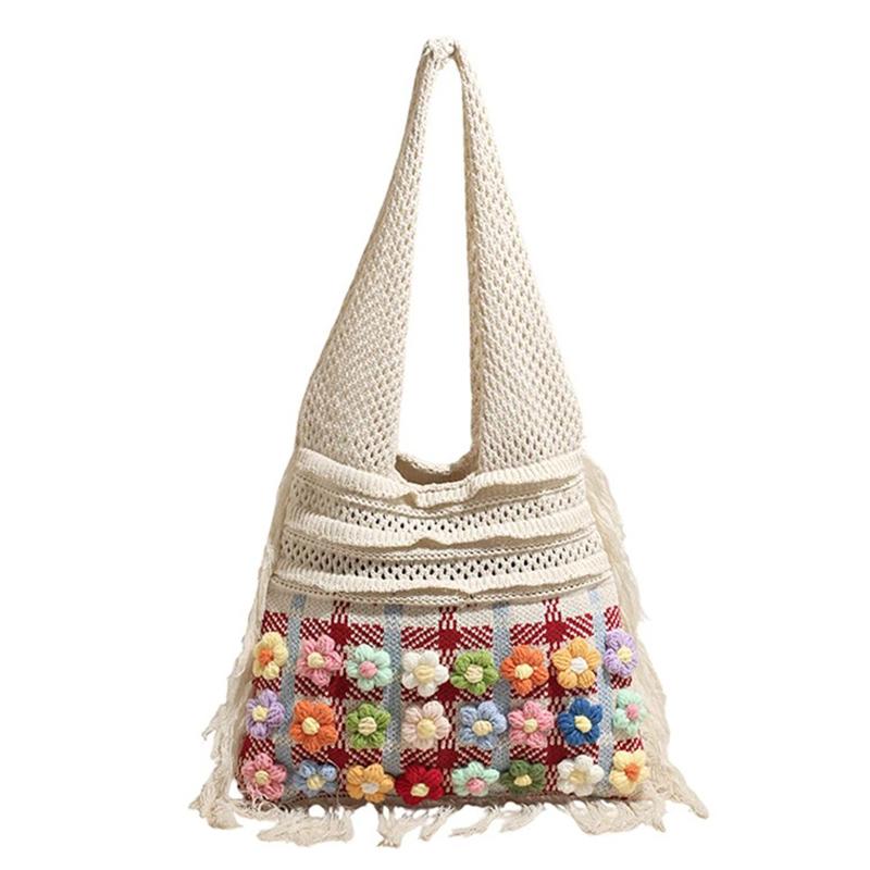 Fashion Crochet Knit Shoulder Tote Bag with Colorful Flower Tassel Womens Shoulder Bag for Vacation Shopping and Daily Outing Ladies' Holiday Gifts