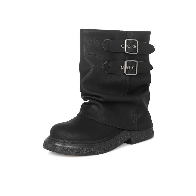 Cowhide version~ Today's popular short boots women's summer cowhide black trouser boots thick-soled small short boots