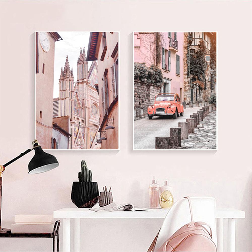 Rosa Blume Leinwand Malerei Wand Poster Und Drucke Retro Auto Fahrrad Paris Tower View Wand Kunst Bilder Für Wohnzimmer decor