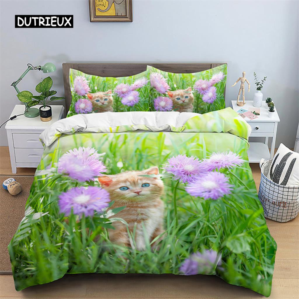 3D Cat Print Duvet Cover Floral Bedding Set Twin Full For Kids Girls Boys Room Decor Luxury Microfiber Funny Animal Quilt Cover