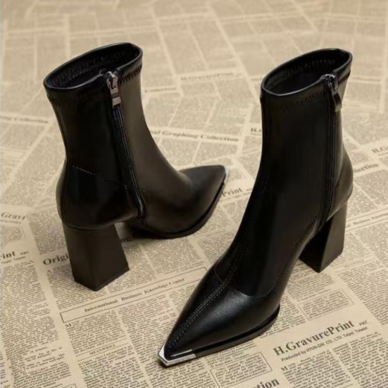 Fashion Brand Pu Black Ankle Boots 2025 Autumn French Retro Pointed Toe High Heel Chelsea Boots Metal Decoration Designer Short Booties