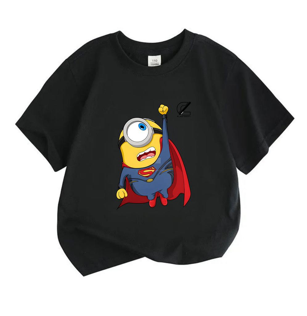 Kids Boys Girls 100% Cotton Crew Neck Short Sleeve T-Shirt, Funny Cute Flying Super Hero Minion Print Casual Comfortable Tee for Children Daily Outdoo