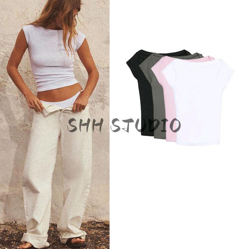Spring New Women's Clothing Minimalist Style Multi-Color Short Sleeve Boat Neck Rib Base Silm Tops 4424302