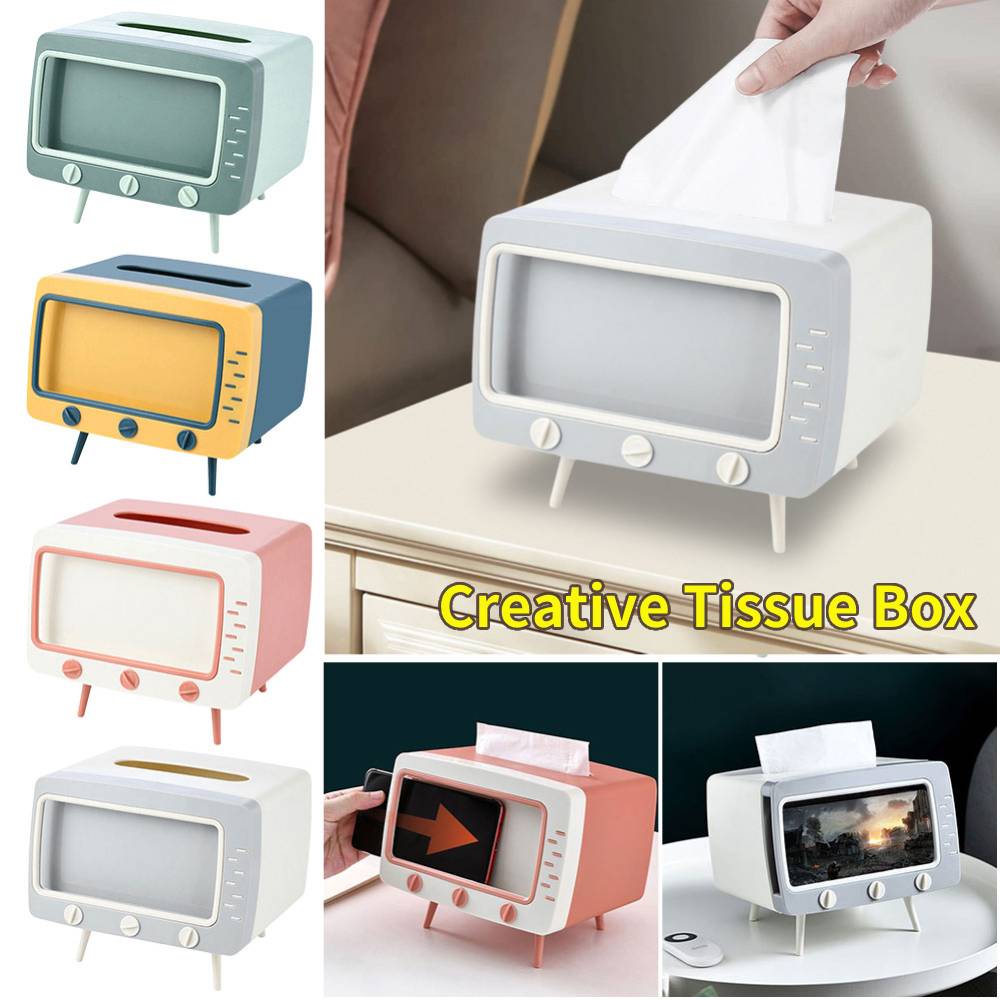 Söt Plast Tissuebox Hem Multifunktionell Skrivbord TV Tissuebox med Telefonställ Kreativ Förvaring Servetthållare Pappersbricka