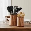 Wooden 360-Degree Rotating Utensil Holder Trapezoidal Smooth Surface Cutlery Organizer Farmhouse Style Dinnerware Rack Spatulas