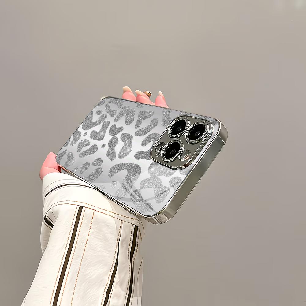 Sparkling leopard print silver plated glass phone case suitable for iPhone 17 16 15 14 13 12 11 Pro/Max/Plus scratch resistant