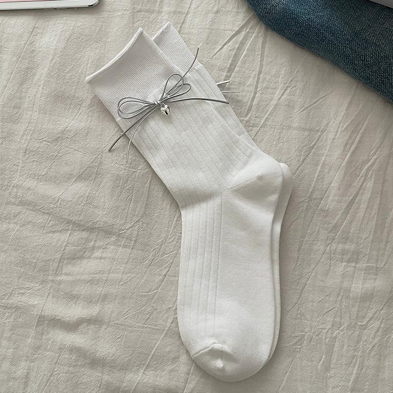 

Female Spring and Summer Thin Pure Color All Build Vertical Double Bow Sweet Roll Edge Breathable In The Tube Pile Socks 1 pair білий