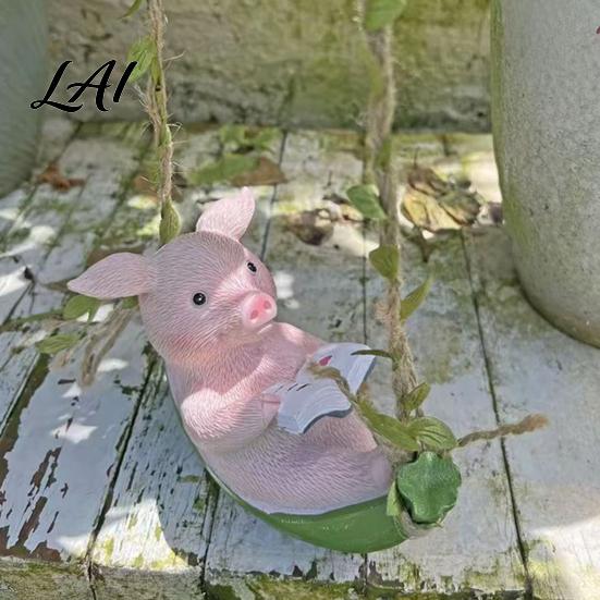 Resin Pig Sculpture Hanging Figurine Cute Piggy Lying In Hammock Reading Sun-resistant Decor Book Ornament Waterproof Animal for Indoor Outdoor