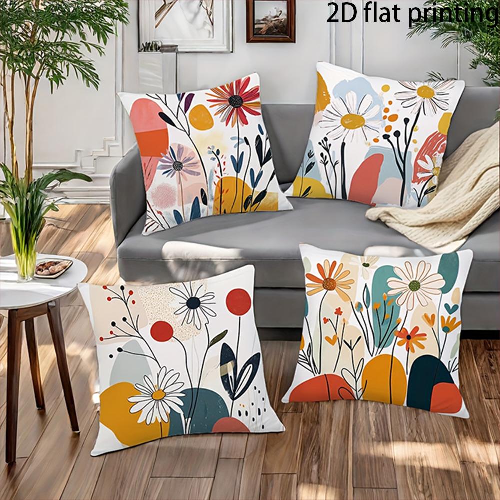 Short Plush Material Pillowcase2D Flat-4 Pieces Dragonfly & Flower Pillow Covers , Suitable For Family Sofas, Farmhouse Decorati