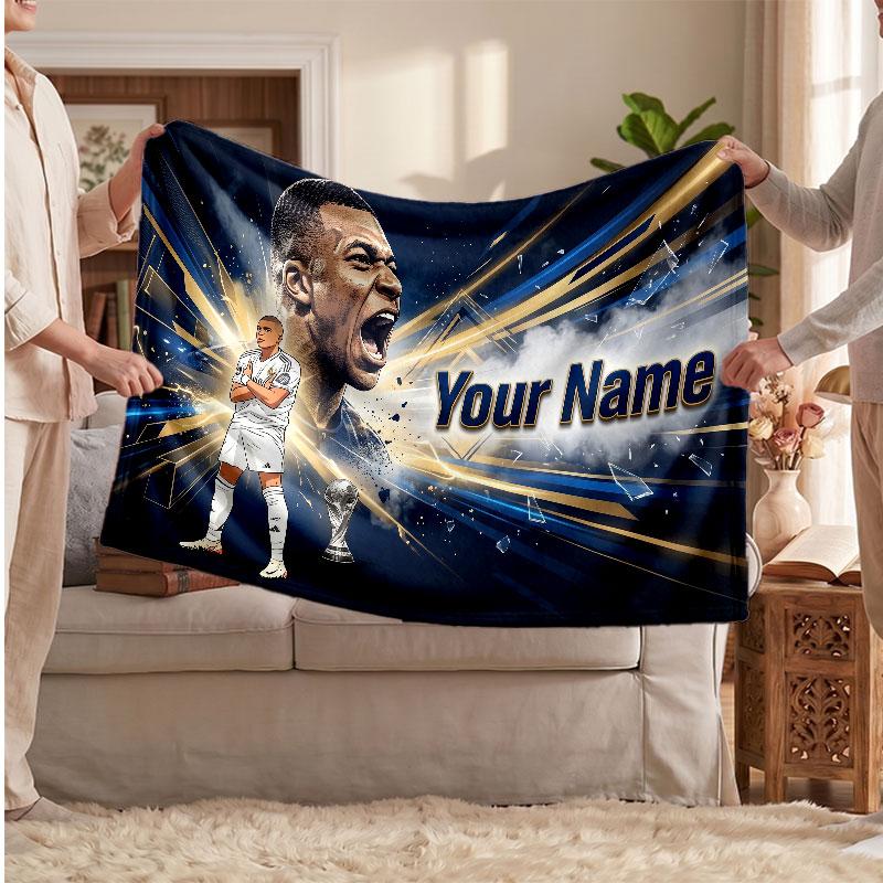 Kylian Mbappe Personalisierte Fleecedecke Mit Fußballlogo, Individueller Name Text Weich Warm Wohnzimmer Überwurfdecke