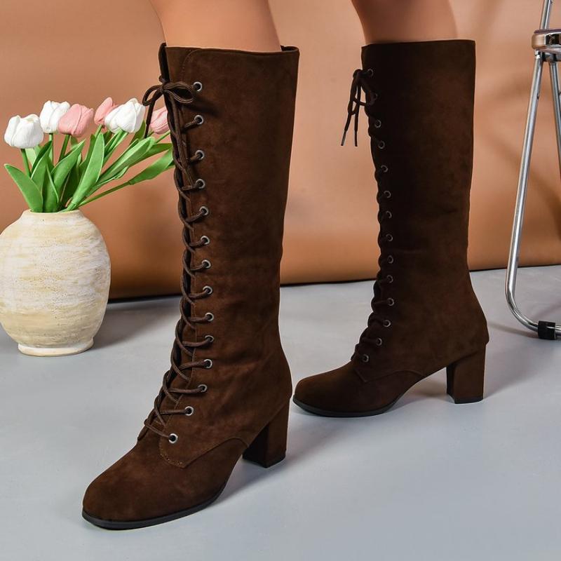 Fashion 2024 New Autumn Trend Comfortable Designer Mid-calf Fashion Boots Woman Middle Heels Knee High Lace Up Boots Shoes for Women