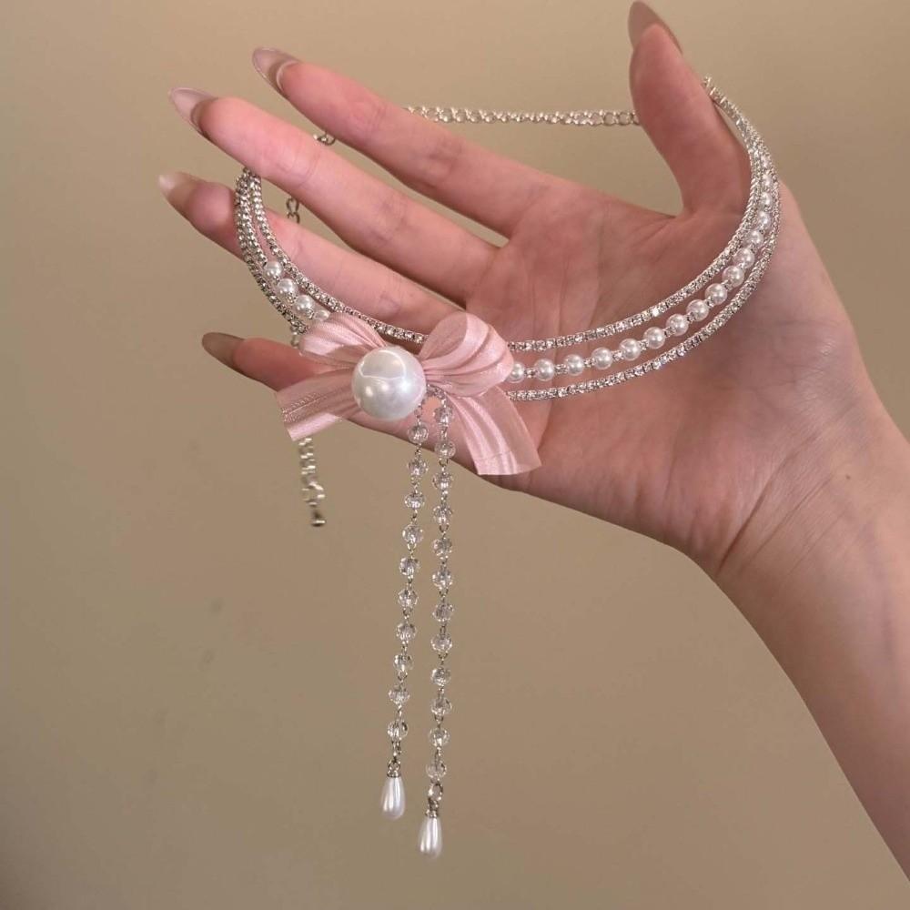 Collier avec Perles Nœud Argenté Pompon Bijou de Cou Brillant Perles Personnalisées Choker Strass pour Cadeau