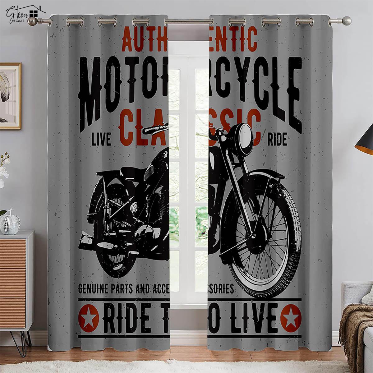 3D-gedruckte coole Motorrad-Vorhänge Retro-Motorrad Industrieller Stil Schlafzimmer Wohnzimmer Balkon Autolinie Dekorative Vorhänge W50xH130(CM)x2PCS&Rod pocket