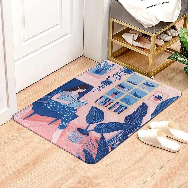 

Literary Style Door Mat with Girl Reading and Plant Patterns Floor Mat for Home Entrance Decor Adding Cozy Vibe to Entryway 40x60cm