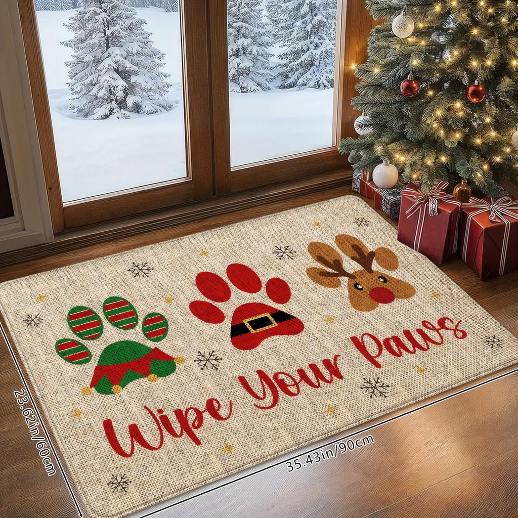 Paw Print Reindeer Christmas Doormat Non-Slip Washable Entrance Rug Indoor Outdoor Winter Home Decor Mat