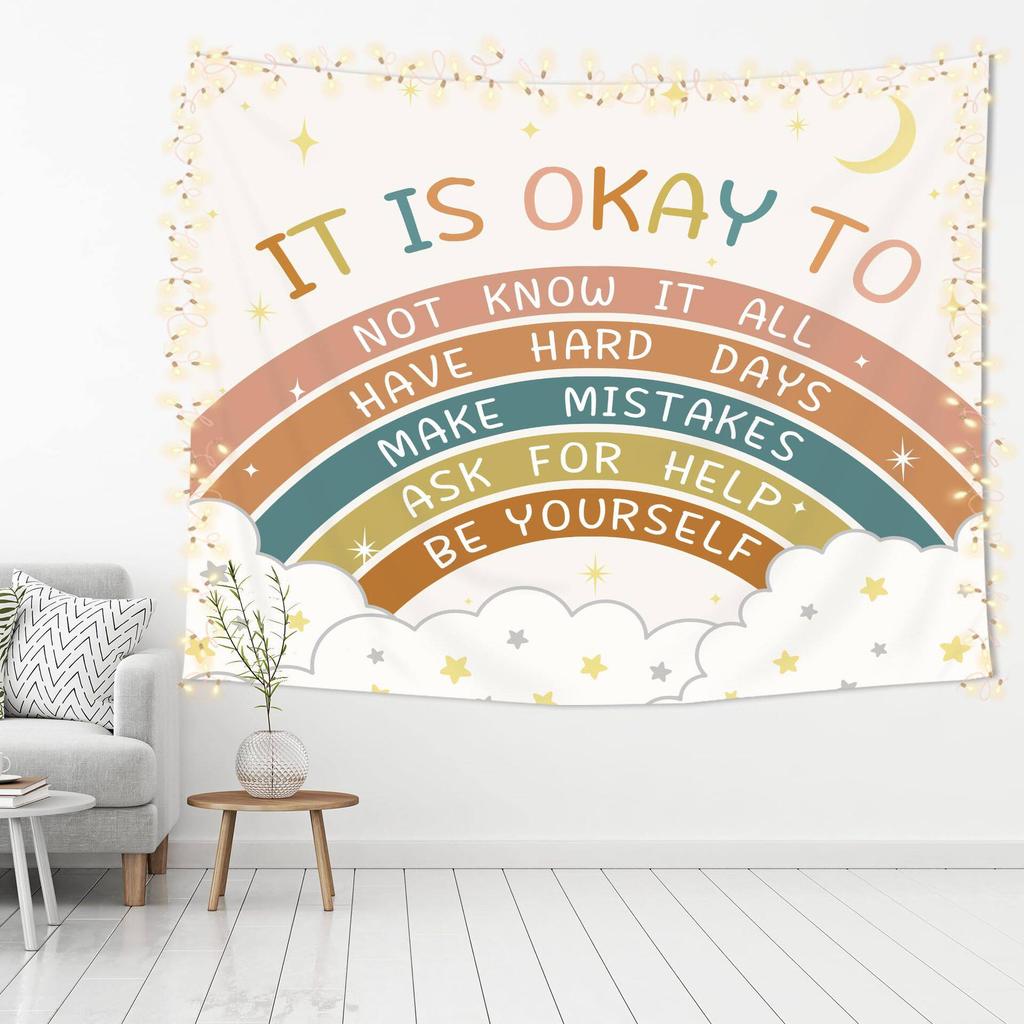Boho Rainbow Inspirational English Quotes Tapestry Wall Hanging for Living Room Home Decor Headboard Cloth