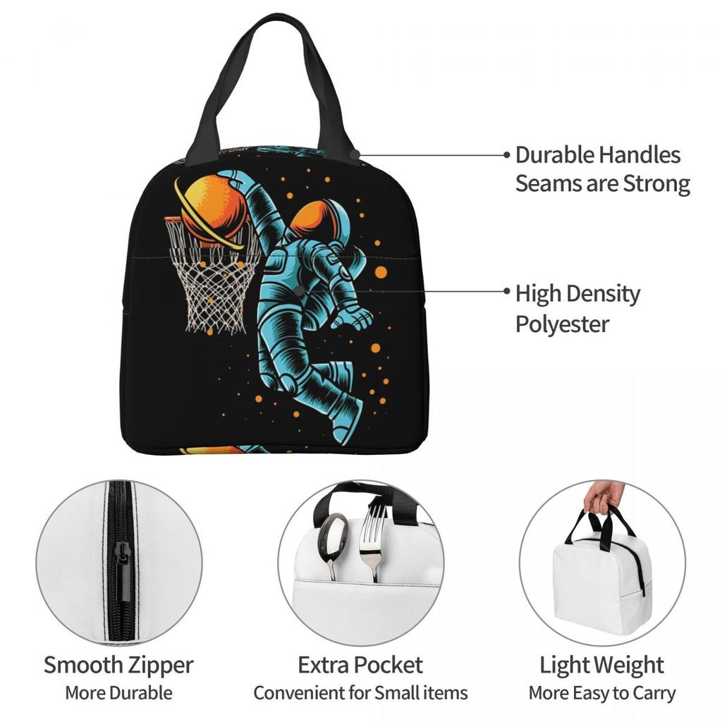 Astronaut Playing Basketball In Space Insulated Lunch Bag for Women Children Portable Food Boxes Thermal Lunch Box Tote