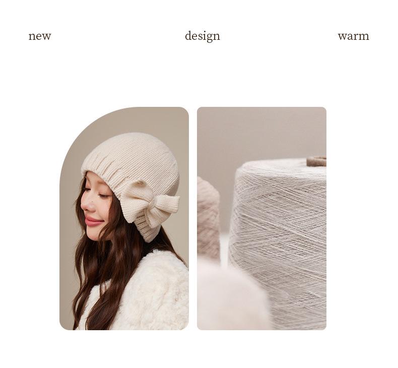 Women's Pure Wool Knitted Hat with Bow - Warm, Fashionable, Ear-Protecting, and Face-Slimming for Autumn and Winter