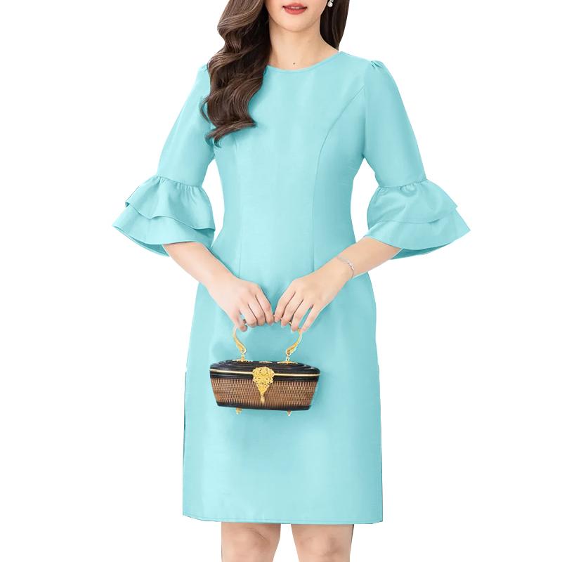 

ZANZEA Women Casual O-neck Summer Ruffles Half Sleeve Sheath Dress M синий