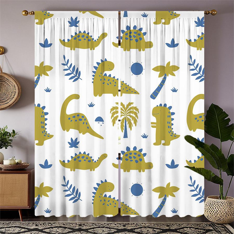2Pcs- Dinosaur And Coconut Tree Printed Curtains, Pole Bag Curtains, Christmas Decorations, Home Decorations, Room Decorations