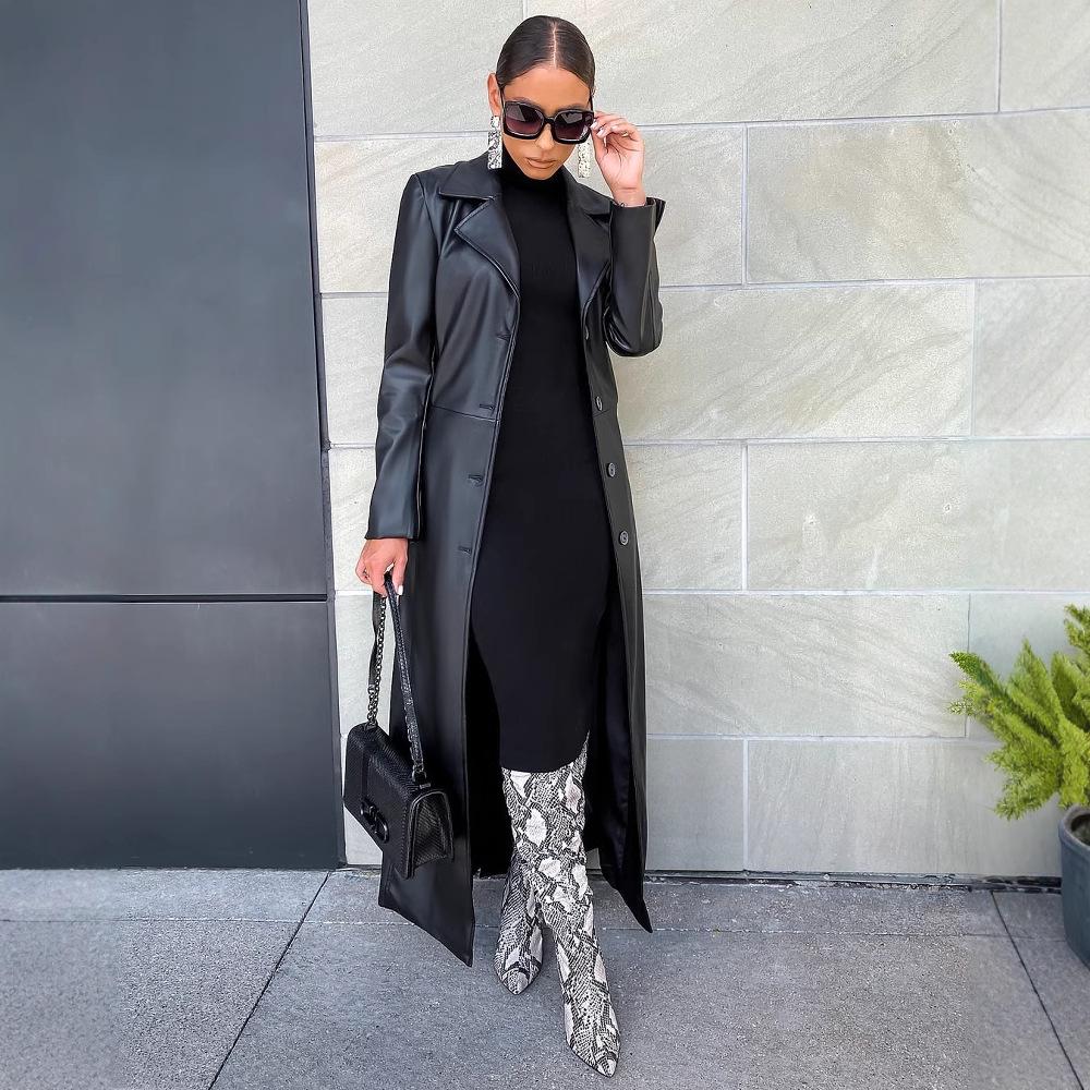 LD2271 Women's Autumn/Winter Long Leather Lapel Cardigan - Buttoned, Warm, Trendy Streetwear Jacket