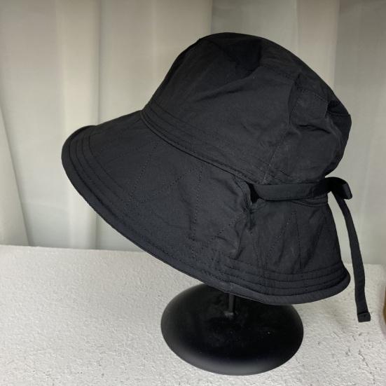 Women Fisherman Hat Lace Up Windproof Fixed Strap Wide Brim Solid Color Sunshade Anti-UV Flat Top Soft Breathable Foldable Basin Hat Lady Summer Cap