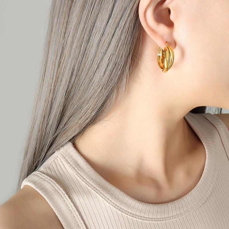 

European & American Cold Style Double U-Shaped Titanium Steel Earrings, 18K Gold Plated, Women s Personality, Hong Kong Temperament - F375