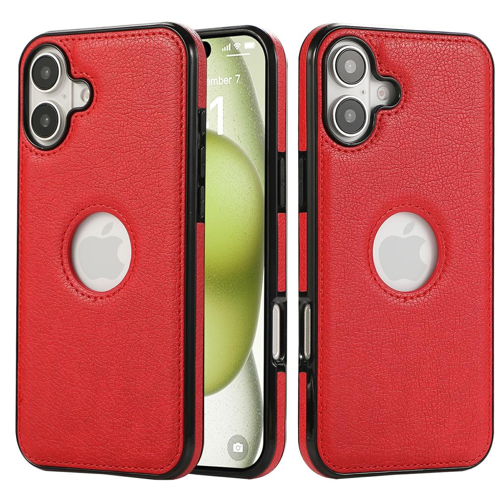 For iPhone 16 Case Logo View Litchi Texture PU Leather Coated PC+TPU Phone Cover