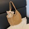 Summer Lace Bow Tote Bags Women Raffia Knitting Woven Shoulder Bag 2025 Rattan Large Casual Crochet Shopping Bag Ladies Handbag