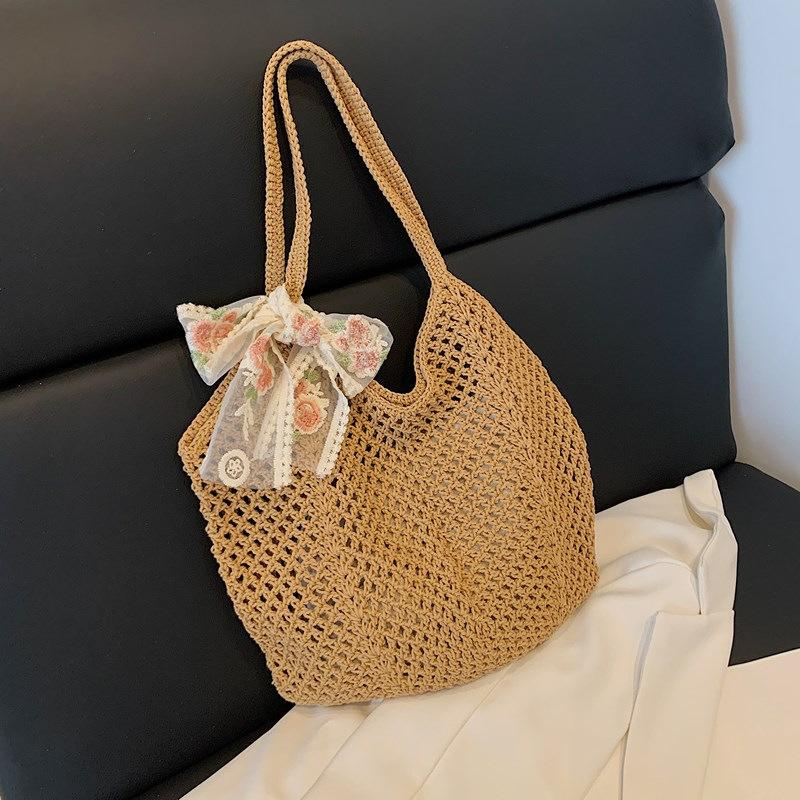Summer Lace Bow Tote Bags Women Raffia Knitting Woven Shoulder Bag 2025 Rattan Large Casual Crochet Shopping Bag Ladies Handbag
