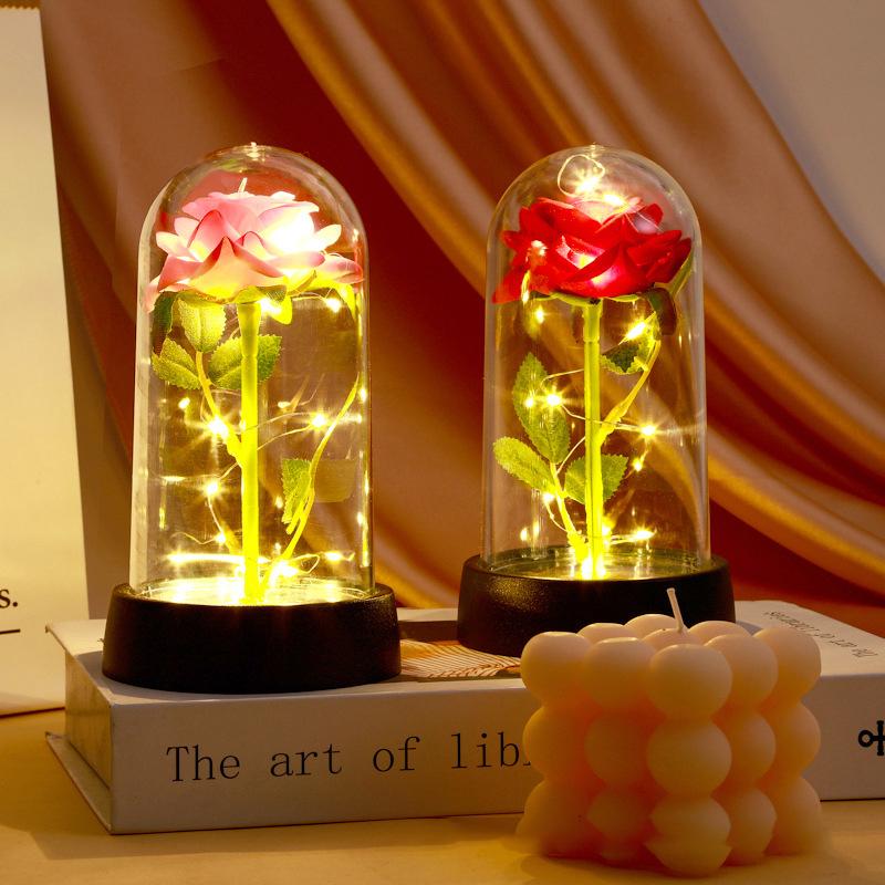 Eternal Rose in Glass Dome Desk Accessorie Artificial Flower Glow LED Roses Flores Eternas Birthday Christmas Gifts Room Decor