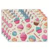4pcs Whimsical Cupcake & Candy Pattern Table Mats, 12x18 Inch Polyester Woven Placemats with Pastel Cupcakes, Sprinkles, and Lol