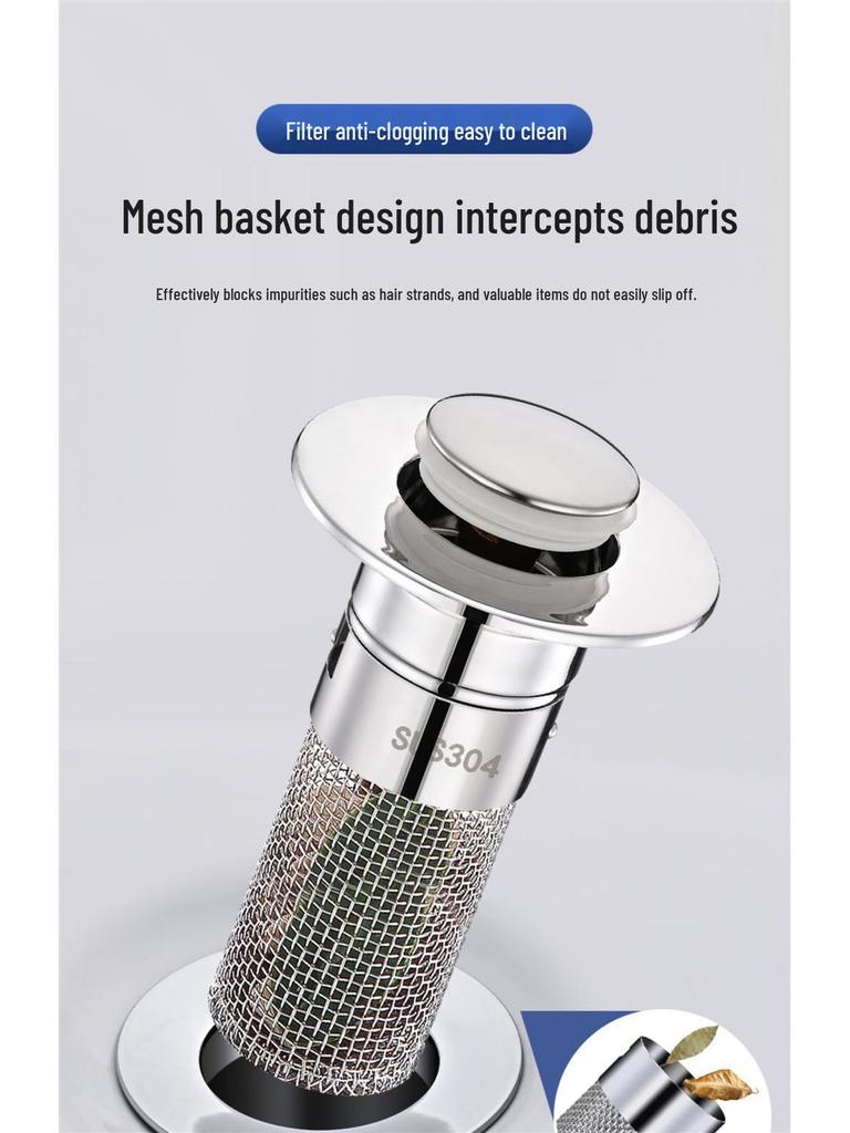 Stainless Steel Pop-up Drain Stopper & Filter for Washbasins - Universal Fit, Anti-Hair Clog Prevention.