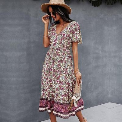 Bohemian Print Women Dress V Neck Short Sleeve High Waist Spring Summer S-XL